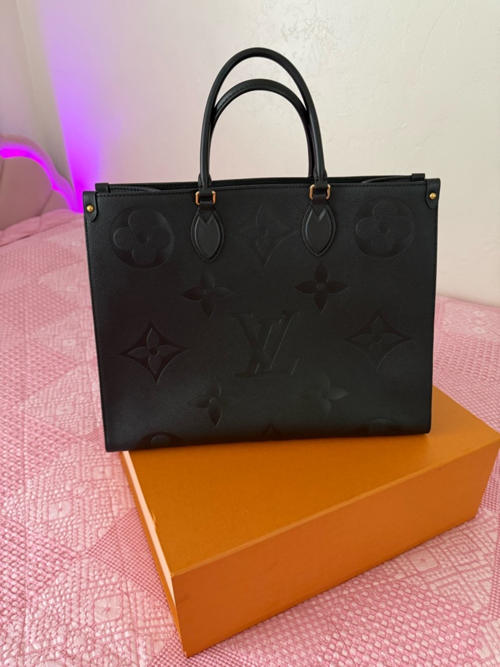 Louis Vuitton Black Embossed Monogram Tote with Top Handles